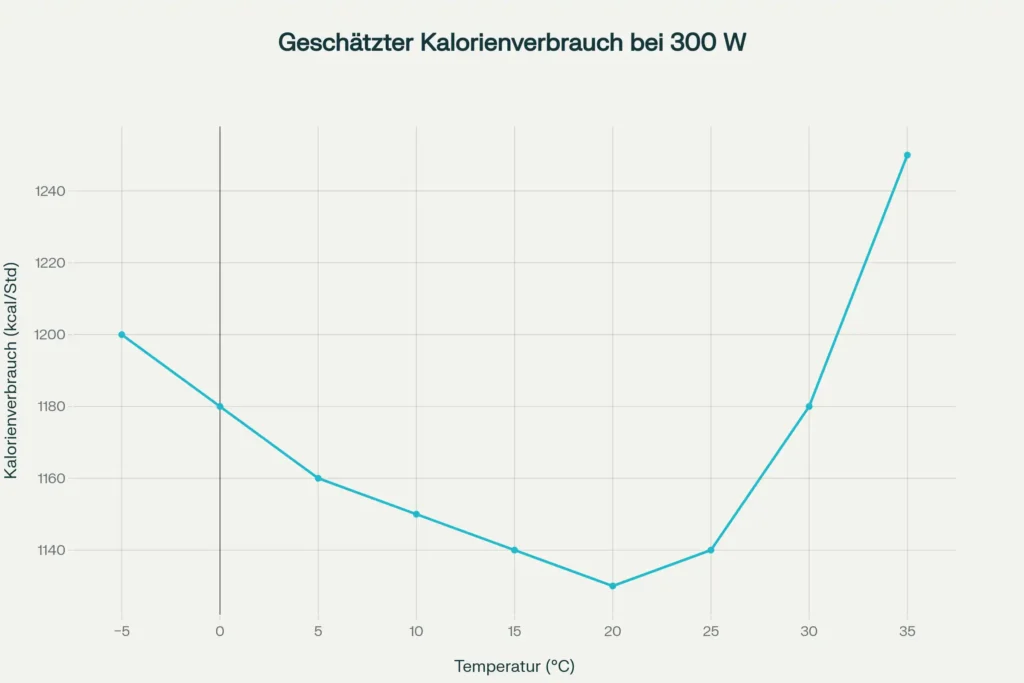 Geschätzter Kalorienverbrauch pro Stunde bei 300 W Leistung in Abhängigkeit von der Umgebungstemperatur