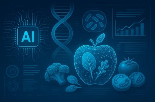 Symbolische Darstellung einer KI-gesteuerten Ernährungsanalyse mit DNA, Mikrobiom und Datenvisualisierung im Hintergrund