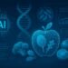 Symbolische Darstellung einer KI-gesteuerten Ernährungsanalyse mit DNA, Mikrobiom und Datenvisualisierung im Hintergrund
