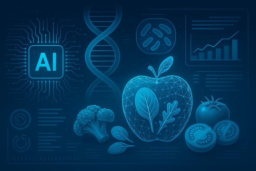 Symbolische Darstellung einer KI-gesteuerten Ernährungsanalyse mit DNA, Mikrobiom und Datenvisualisierung im Hintergrund